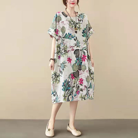Cotton Dresses Clothing Shirt Dress Big Pockets Short Sleeve Cotton Clothing Dress