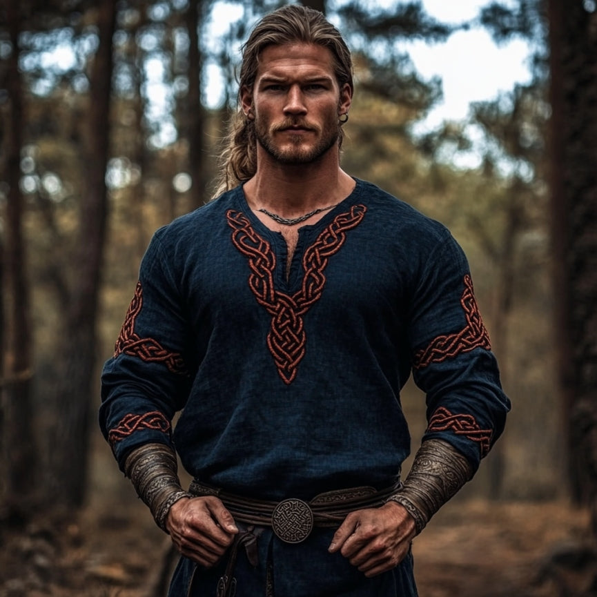 Men's Vintage Viking Celtic Knot Totem Linen V-neck Shirt elevenforest