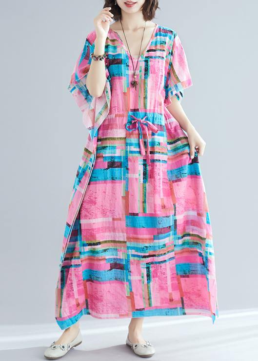100% Pink Print Tunics V Neck Drawstring Long Summer Dresses