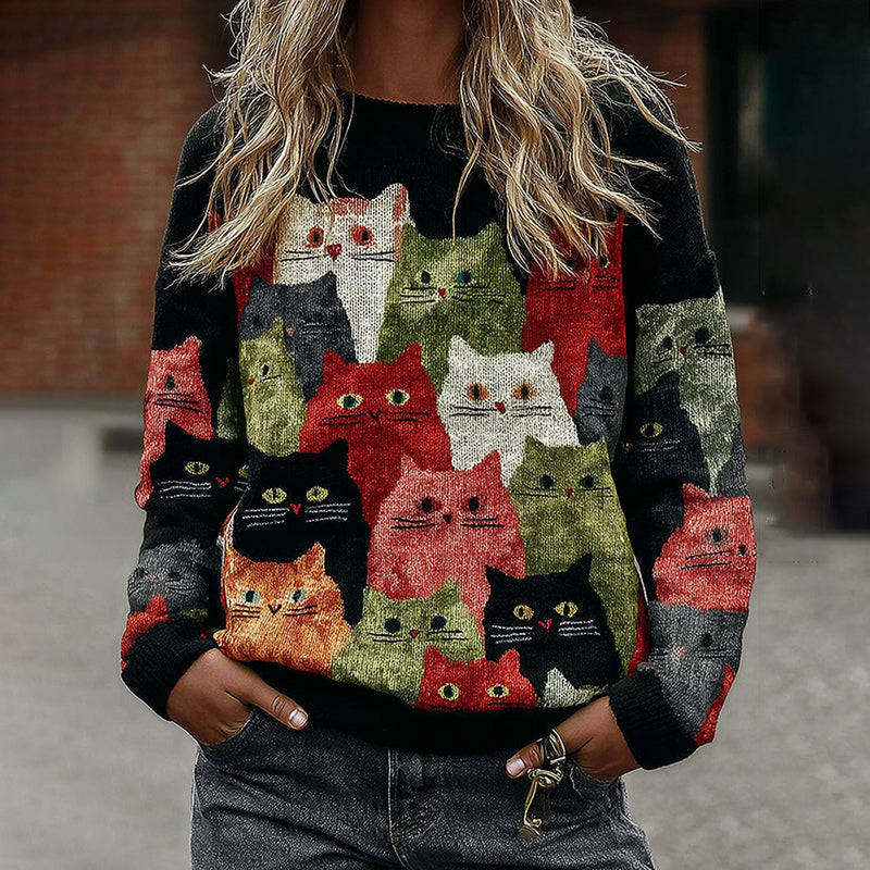 Vintage Colorful Cats Pattern Art Cozy Knit Sweater elevenforest