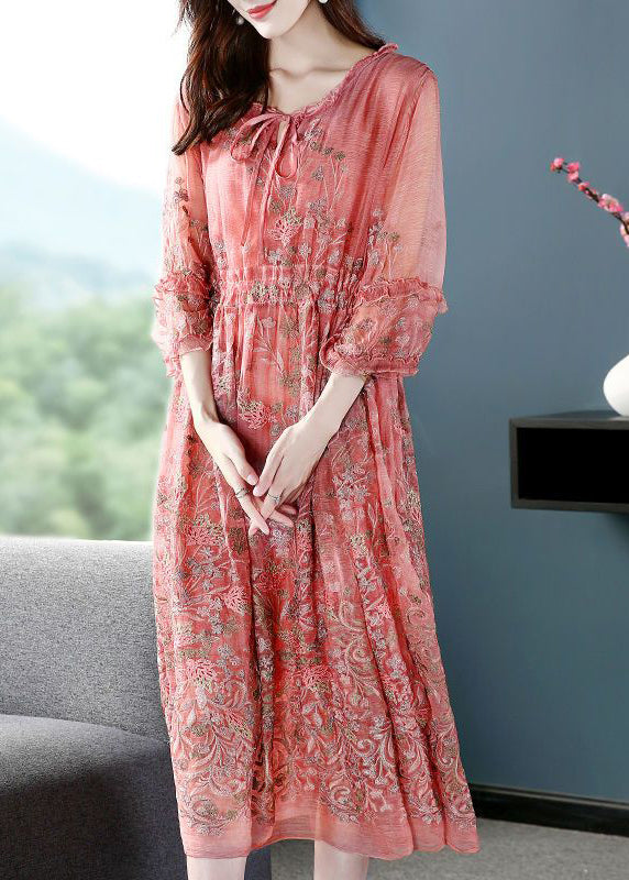 Style Pink O-neck Cinched Embroidered Silk Maxi Dress Bracelet Sleeve
