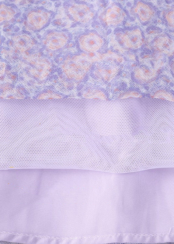 Purple Print Wrinkled Elastic Waist Tulle Pleated Skirt Summer