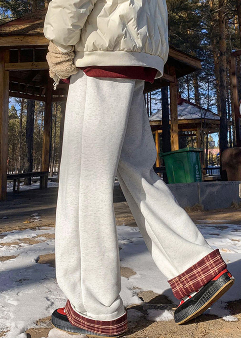 Classy Beige Plaid Elastic Waist Warm Fleece Pants Winter