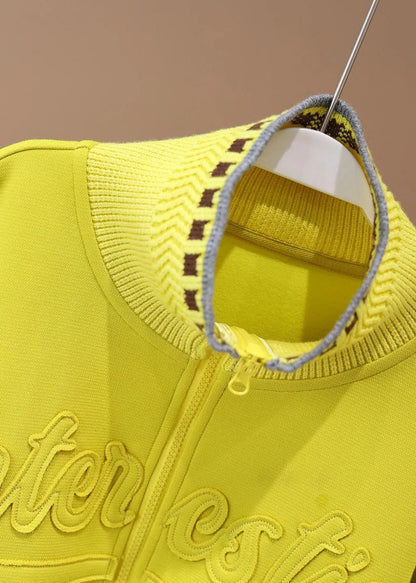 Yellow Stand Collar Graphic Patch Patchwork Coat Spring