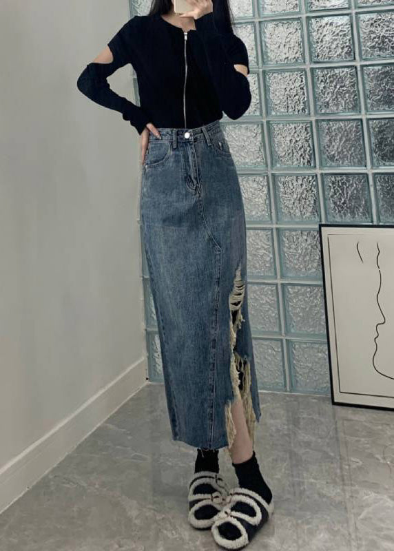 Blue Asymmetrical Pockets Patchwork High Waist a Line Skirt