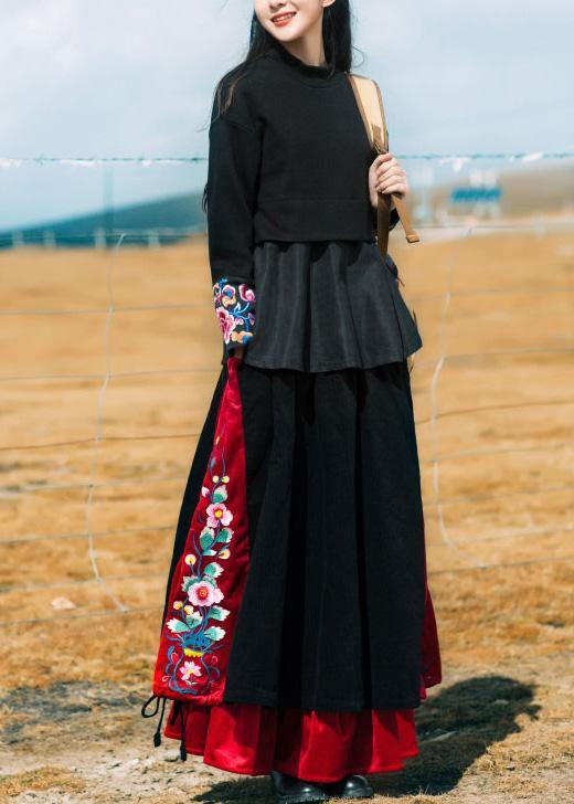 Unique Black Cotton Quilting Skirts Drawstring Patchwork Skirts