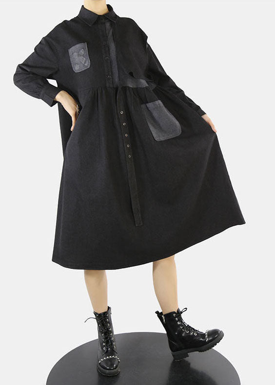 Style Black Asymmetrical Design Cinched Peter Pan Collar Denim Dress