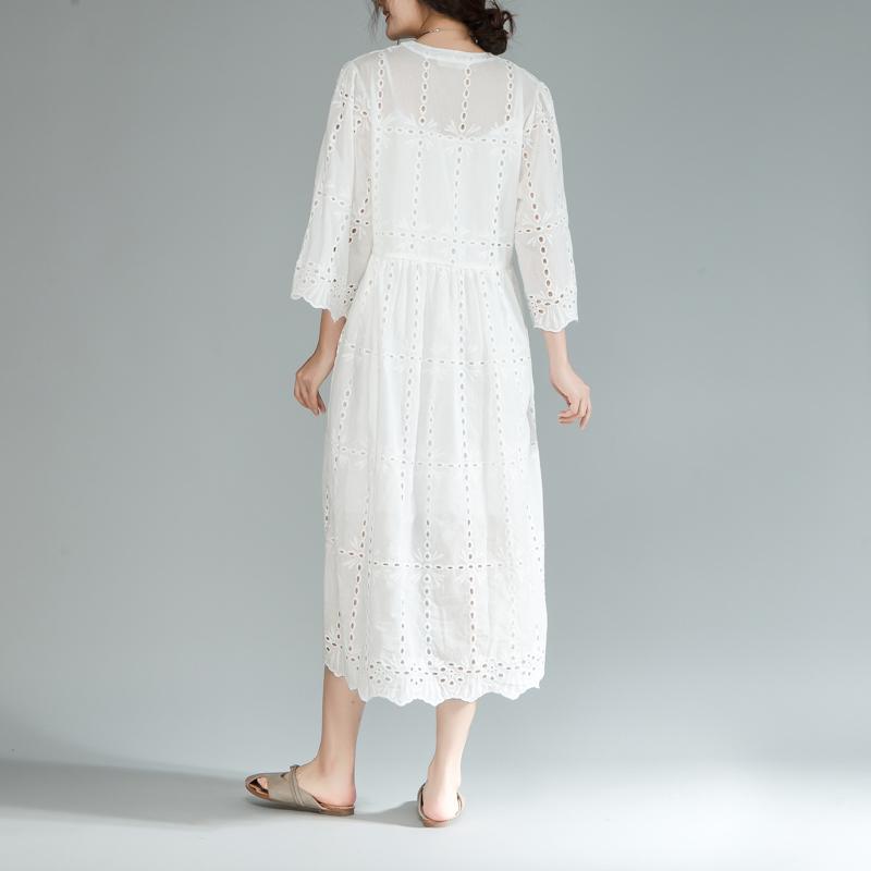 Baggy Cotton Sundress Two Pieces Set V Neck Three Quarter Sleeve White Dress