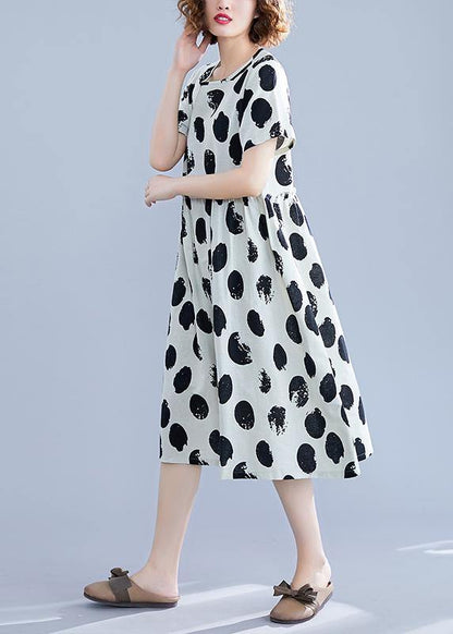 Black Dotted Cotton Tunic Pattern O Neck Short Sleeve Shift Dresses
