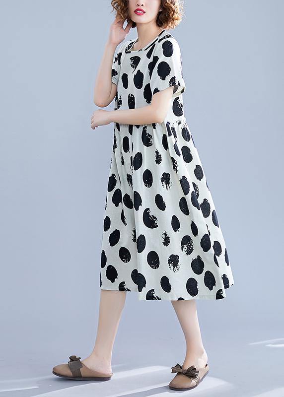 Black Dotted Cotton Tunic Pattern O Neck Short Sleeve Shift Dresses