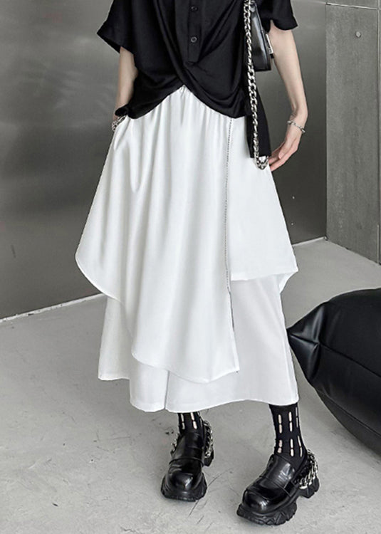 White Asymmetrical Elastic Waist Patchwork Cotton Pants Skirt Fall