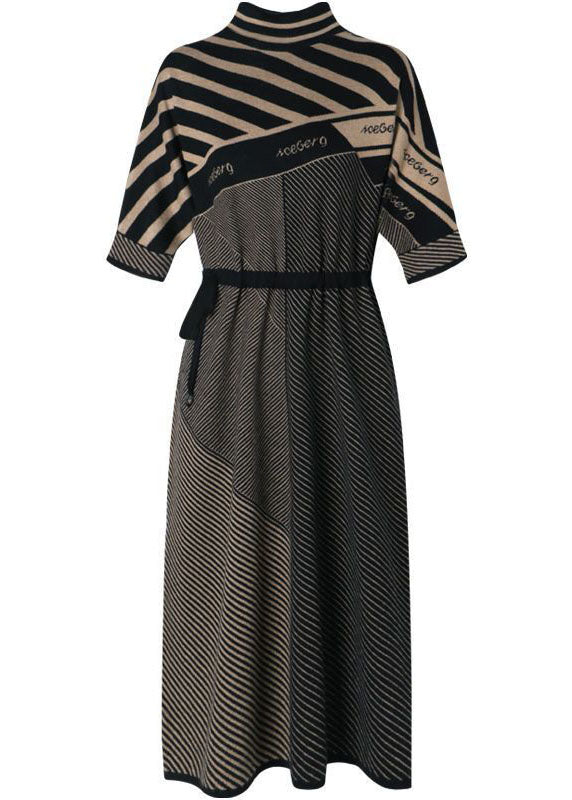 Modern Coffee Turtle Neck Tie Waist Print Knit Dress Batwing Sleeve