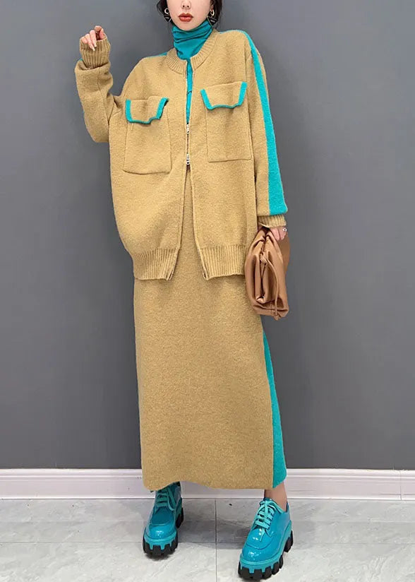 Modern Yellow Zippered Patchwork Thick Knit Cardigan and Skirt Two Pieces Set Winter