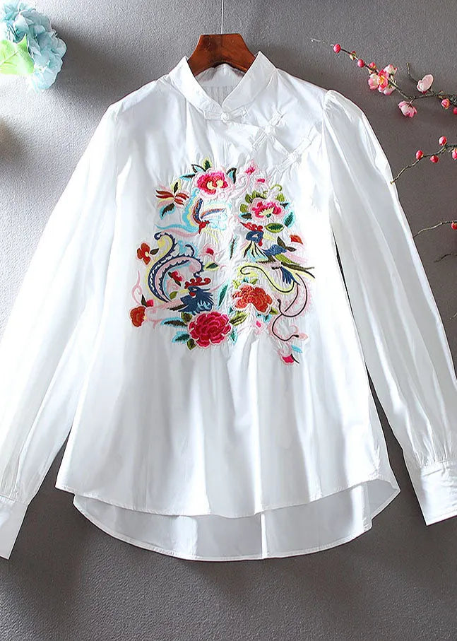 White Embroidered Chinese Button Cotton Blouse Top Spring