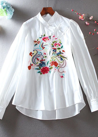 White Embroidered Chinese Button Cotton Blouse Top Spring