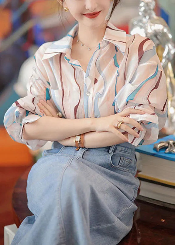 Pink Peter Pan Collar Striped Cotton Shirt and Denim Skirt Two Pieces Set Fall
