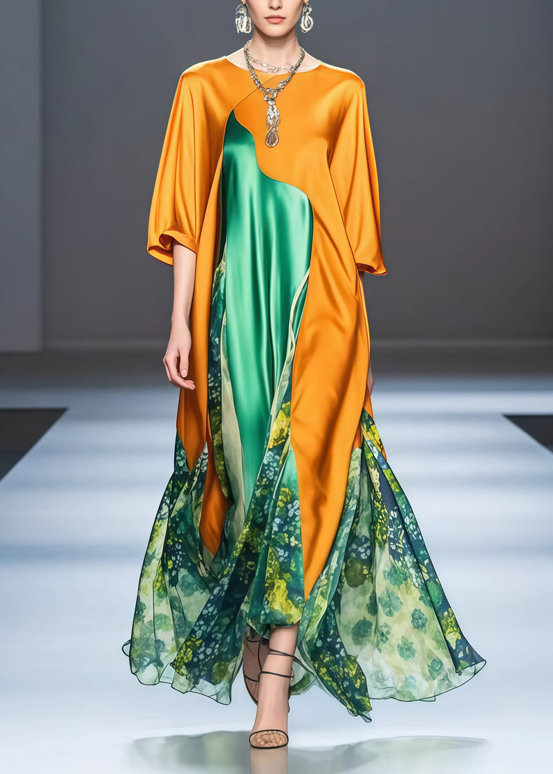 Yellow Asymmetrical Patchwork Draping Silk Holiday Dress Spring