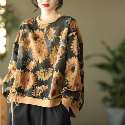 Large Size Slim Round Neck Printed Retro Loose Sweater