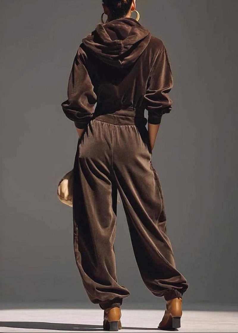 Coffee Hooded Pockets Sweatshirt and Pants Silk Velvet Two Pieces Set Spring