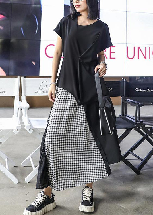 Summer Mid-length A-line Skirt High Waist Black Stitching Chiffon Plaid Skirt