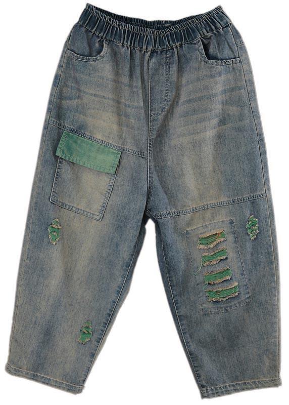 Blue Elastic Waist Hole Denim Pants Summer
