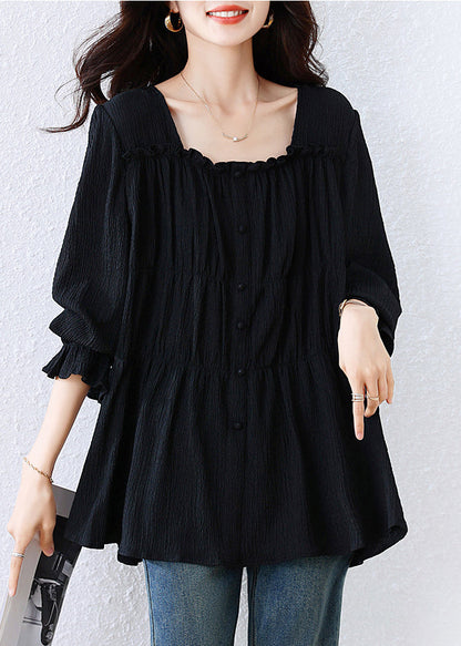 Black Square Collar Wrinkled Cotton Shirt Top Fall