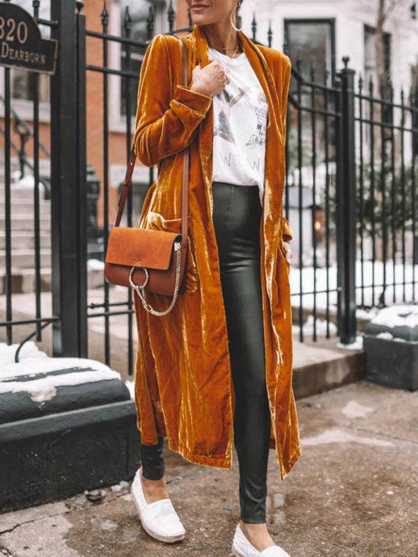 Coats Loose Gold Velvet Long Sleeve Long Cardigan Coats