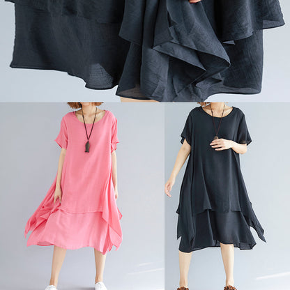 O Neck Asymmetric Linen Clothes Organic Neckline Pink Oversized Dress Summer