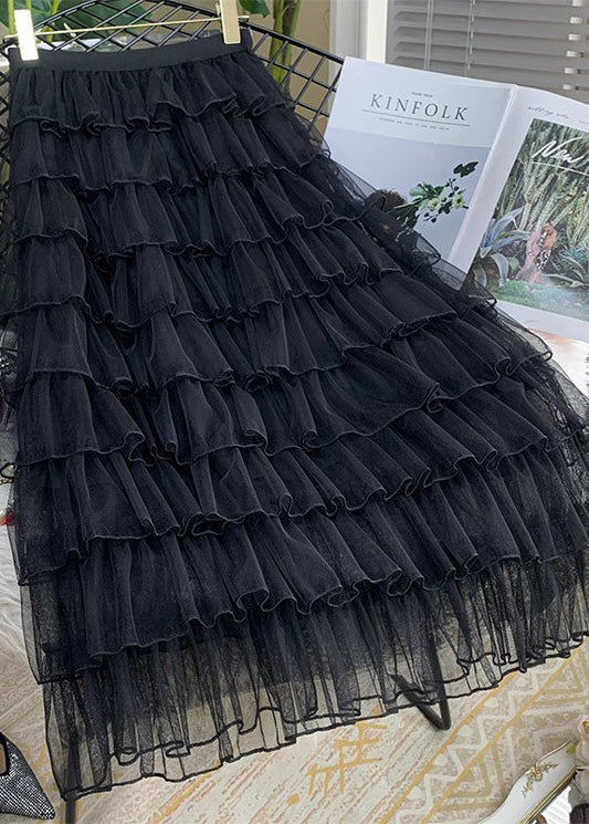 Black Wrinkled Elastic Waist Tulle Skirts Summer