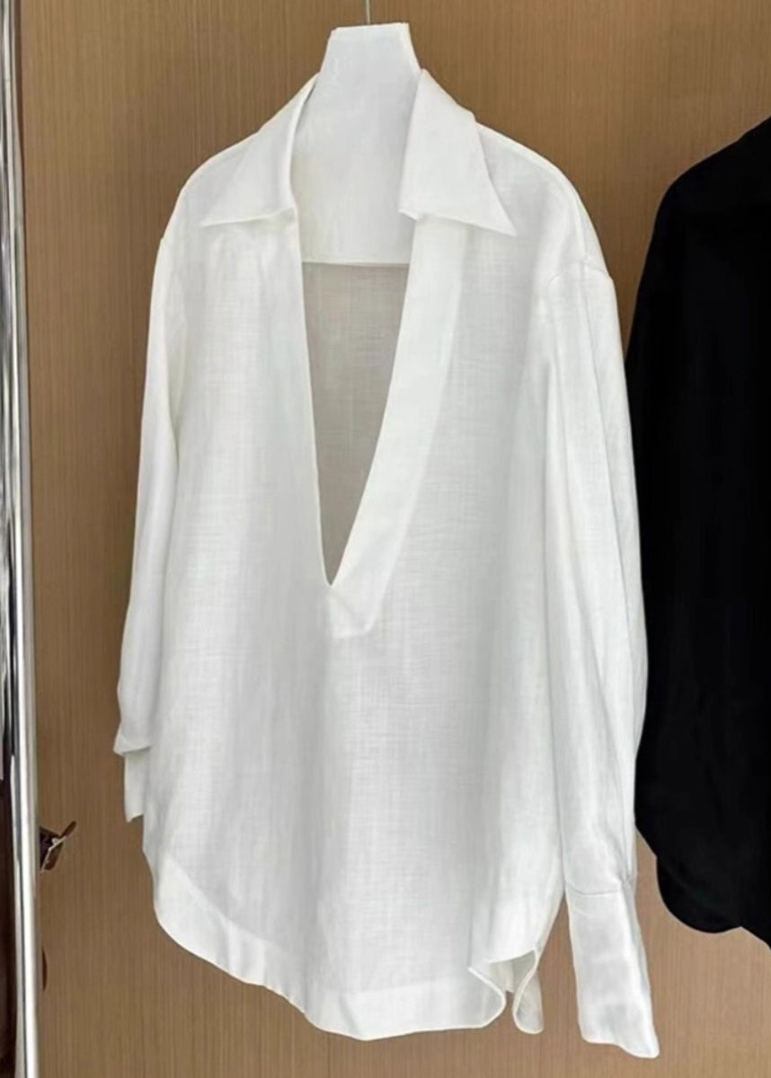 White V Neck Cotton Blouses Fall