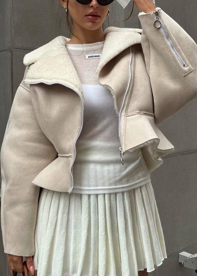 Beige Peter Pan Collar Patchwork Zippered Faux Suede Coat Fall