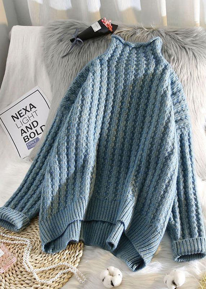 Beige Knitted Pullover Low High Design Clothing Half High Neck Knit Sweat Tops