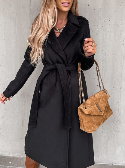 Coats Simple Lapel Belted Long Sleeve Woolen Coat