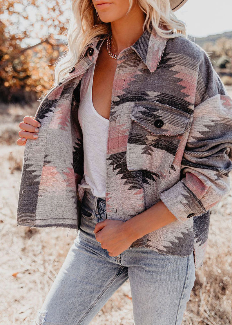 Pink Peter Pan Collar Print Button Coats Fall