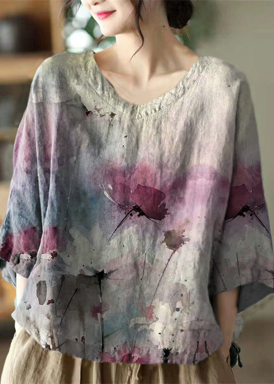 Grace Green O-neck Embroidered Linen Top Long Sleeve