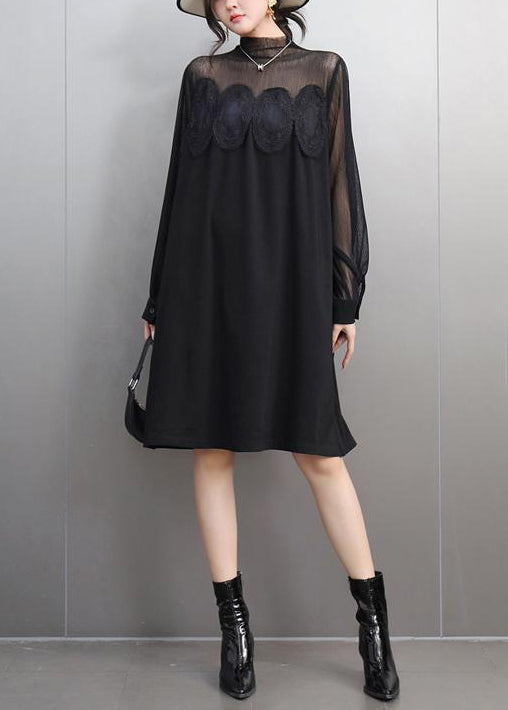 Black Lace Pockets Tulle Patchwork Dresses Fall