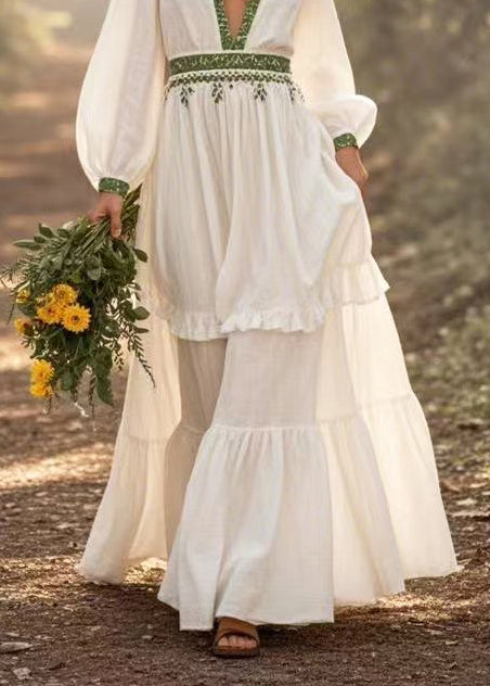 White Deep-v Neck Exra Large Hem Long Dress Spring