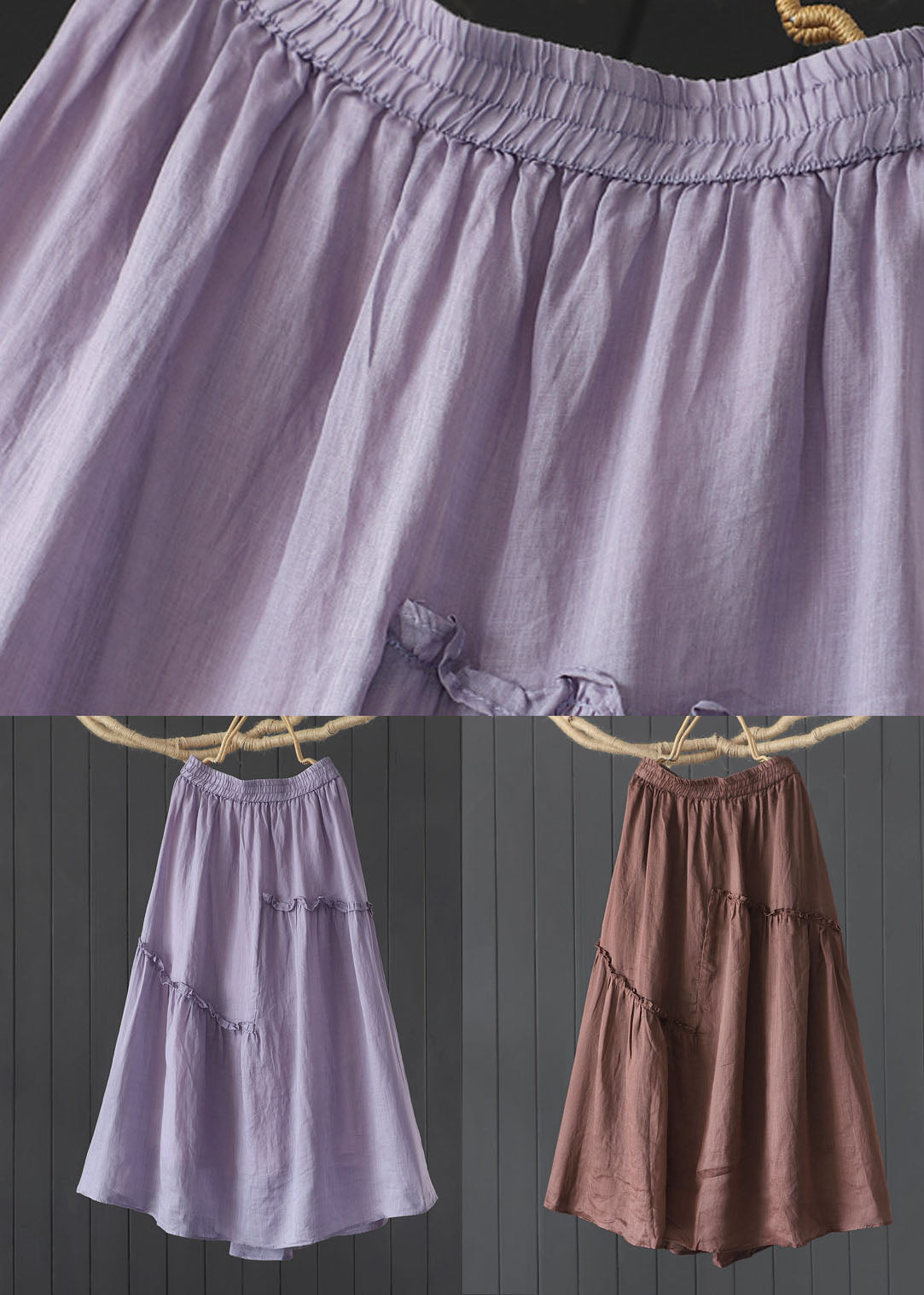 Coffee Wrinkled Elastic Waist Patchwork Linen Skirt Summer