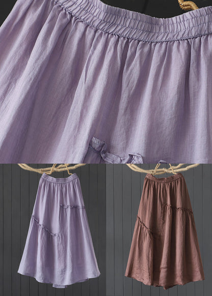 Coffee Wrinkled Elastic Waist Patchwork Linen Skirt Summer
