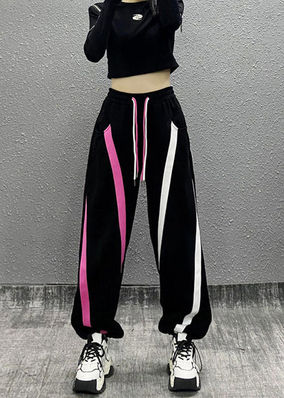 Black Pockets Patchwork Warm Fleece Sport Pants Winter