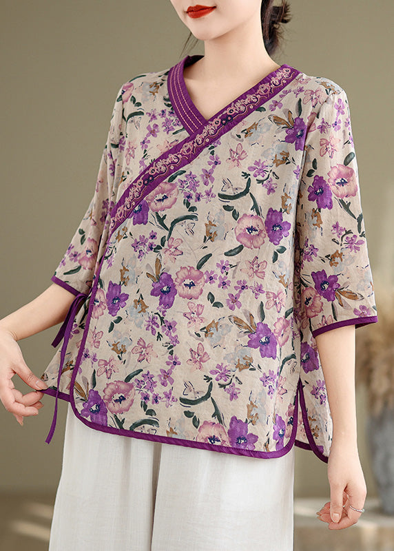 Handmade Purple Embroidered Print Linen Shirt Top Half Sleeve
