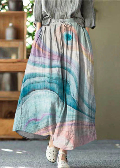Blue Flowers Pockets Wrinkled Tie Waist Linen Skirt Summer