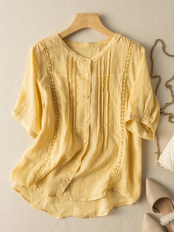 Pure Color Round Neck Short Sleeve Linen Top