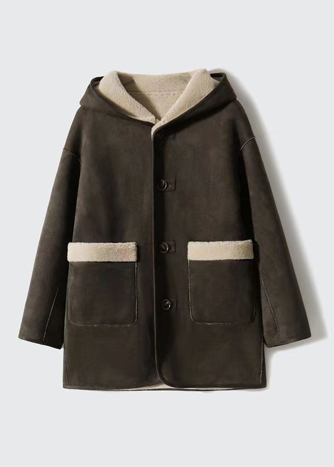 Loose Camel Hooded Pockets Patchwork Wear on Both Sides Woolen Coats Winter