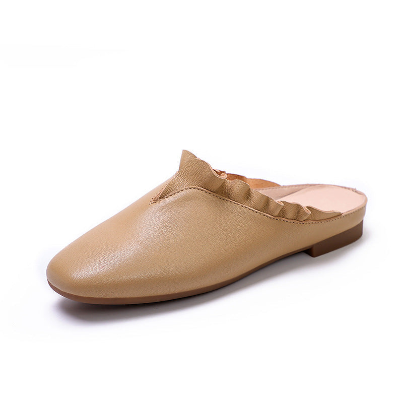 Leather Ruffle Trim Slippers