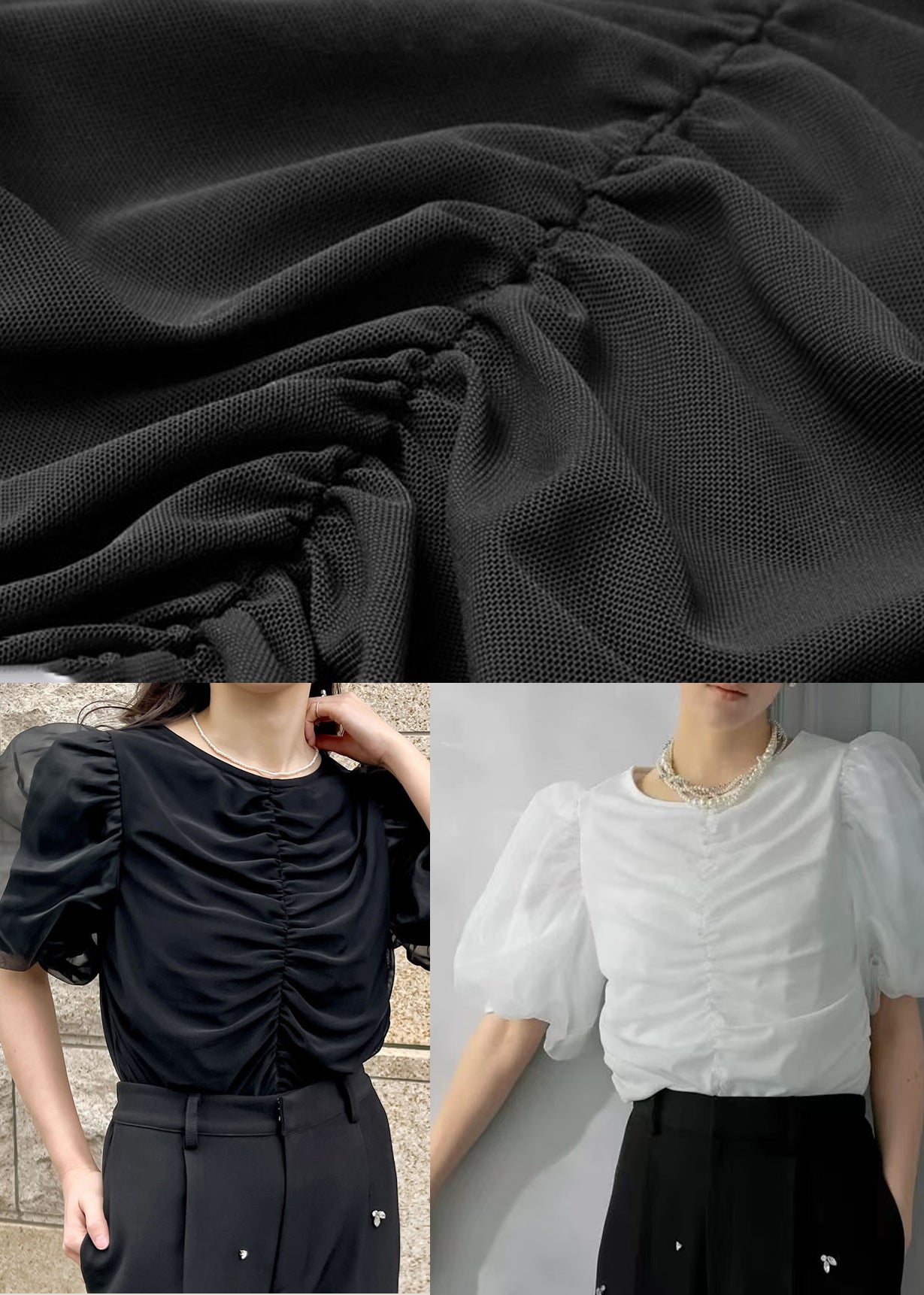French White Puff Sleeve Wrinkled Cotton Tops