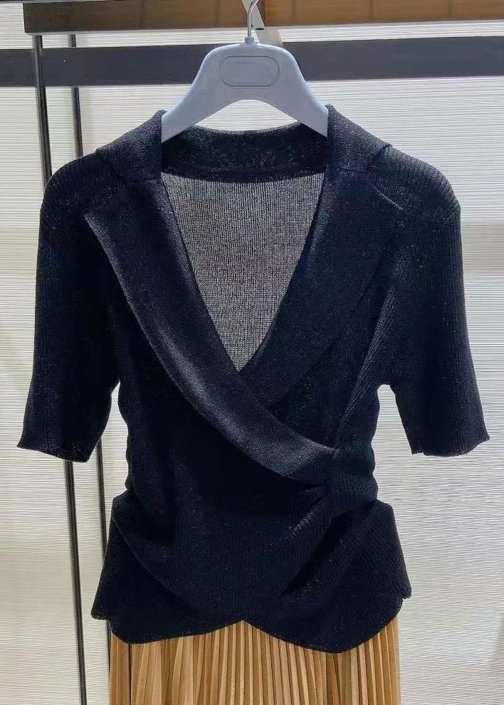Cozy Grey Asymmetrical Knit Top Short Sleeve