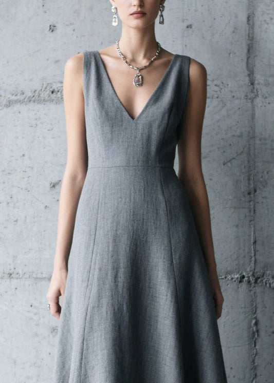 Charcoal Grey V Neck Patchwork Cotton Long Dress Summer