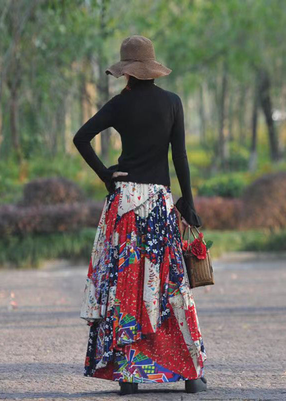 Red Asymmetrical Print Exra Large Hem Linen Skirt Spring