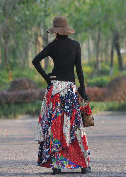 Red Asymmetrical Print Exra Large Hem Linen Skirt Spring